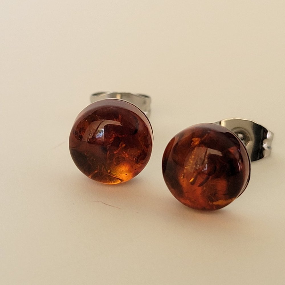 New 8mm Genuine Pressed Baltic Amber Stud Earrings on 316L SS Posts - Picture 3 of 5